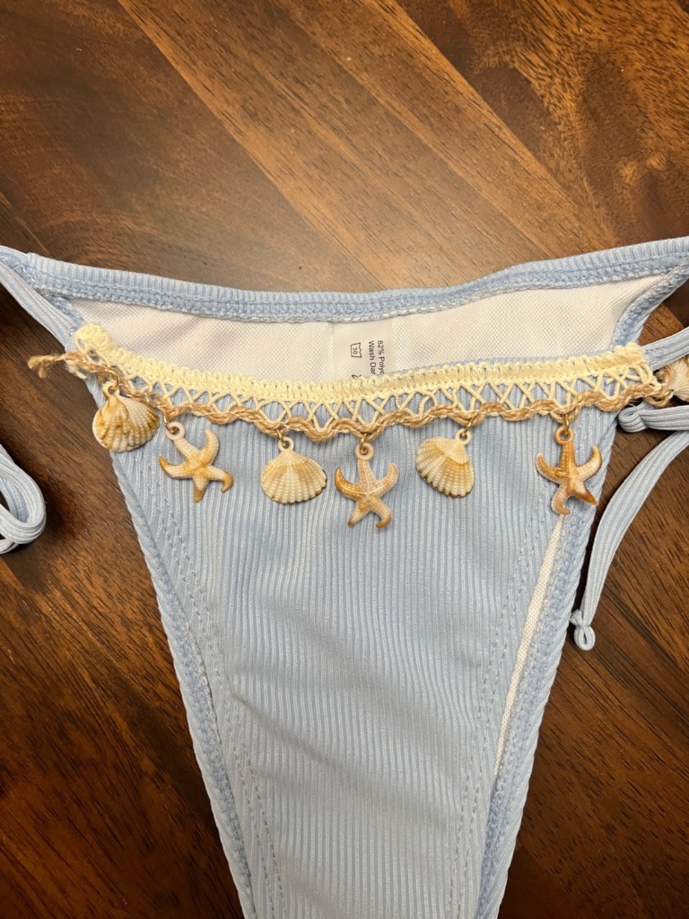 Light Blue Ribbed Crochet Trim Halter Shell Accents Side Tie Bikini Set - Picture 6 of 14
